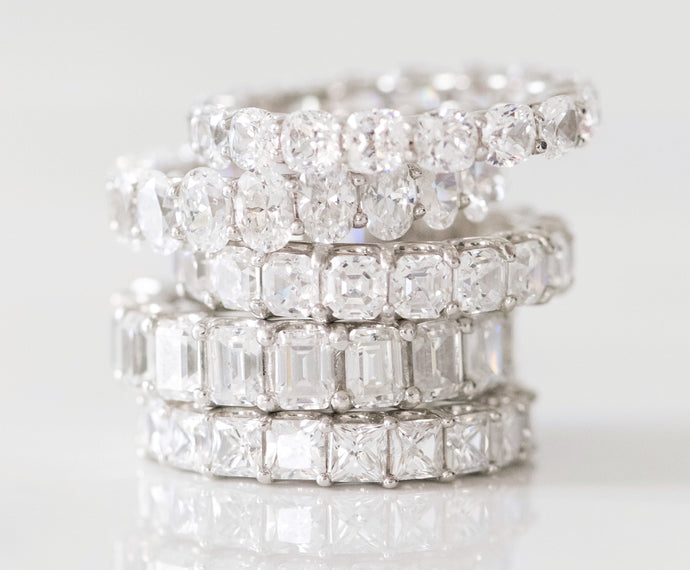 Rothschild Diamond eternity bands ring stack in princess, emerald, asscher, oval, and brilliant round cut
