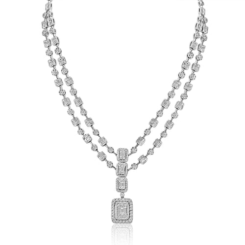 2 layer necklace of baguette and round diamonds with 2 