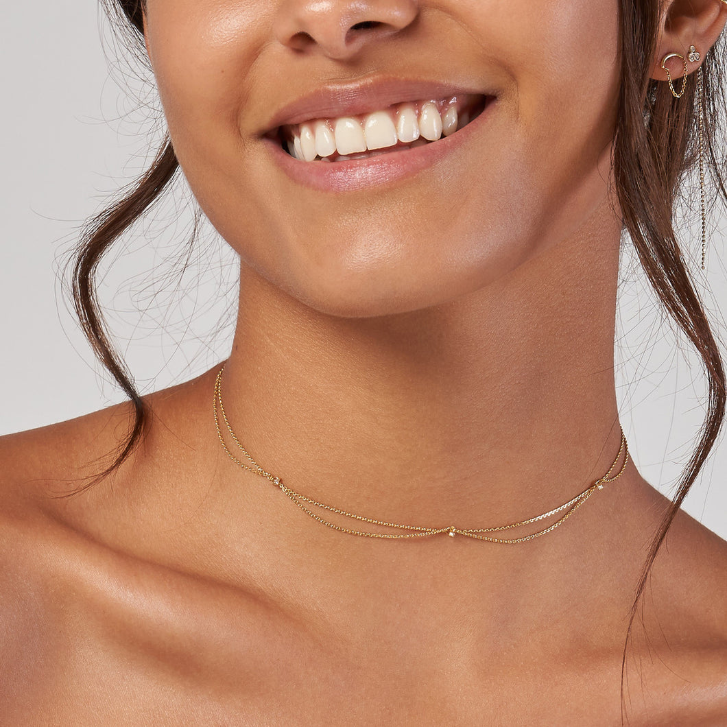 diamond bezel set 14k gold drape choker necklace