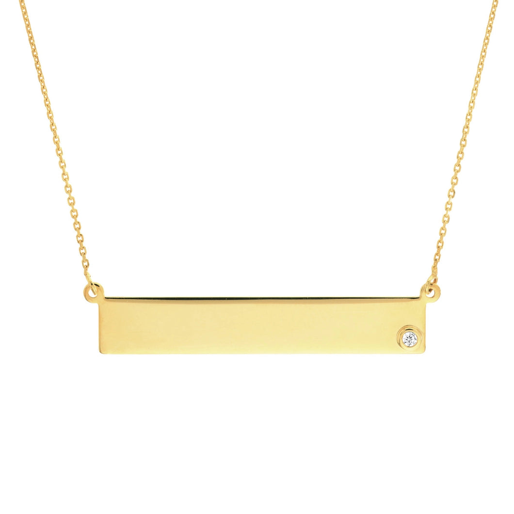 diamond bezel set 14k gold bar necklace