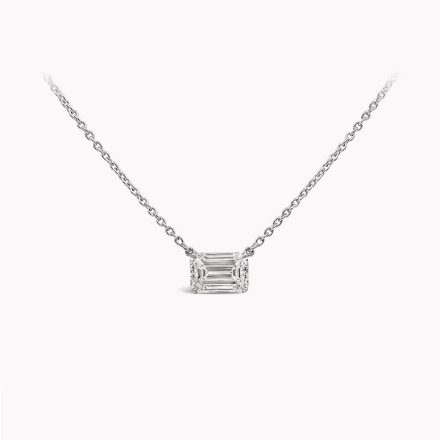 18K White Gold Emerald Cut Diamond Double Halo Pendant Necklace