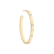 Load image into Gallery viewer, 14k yellow gold square hoop earrings with accent diamonds angled view
